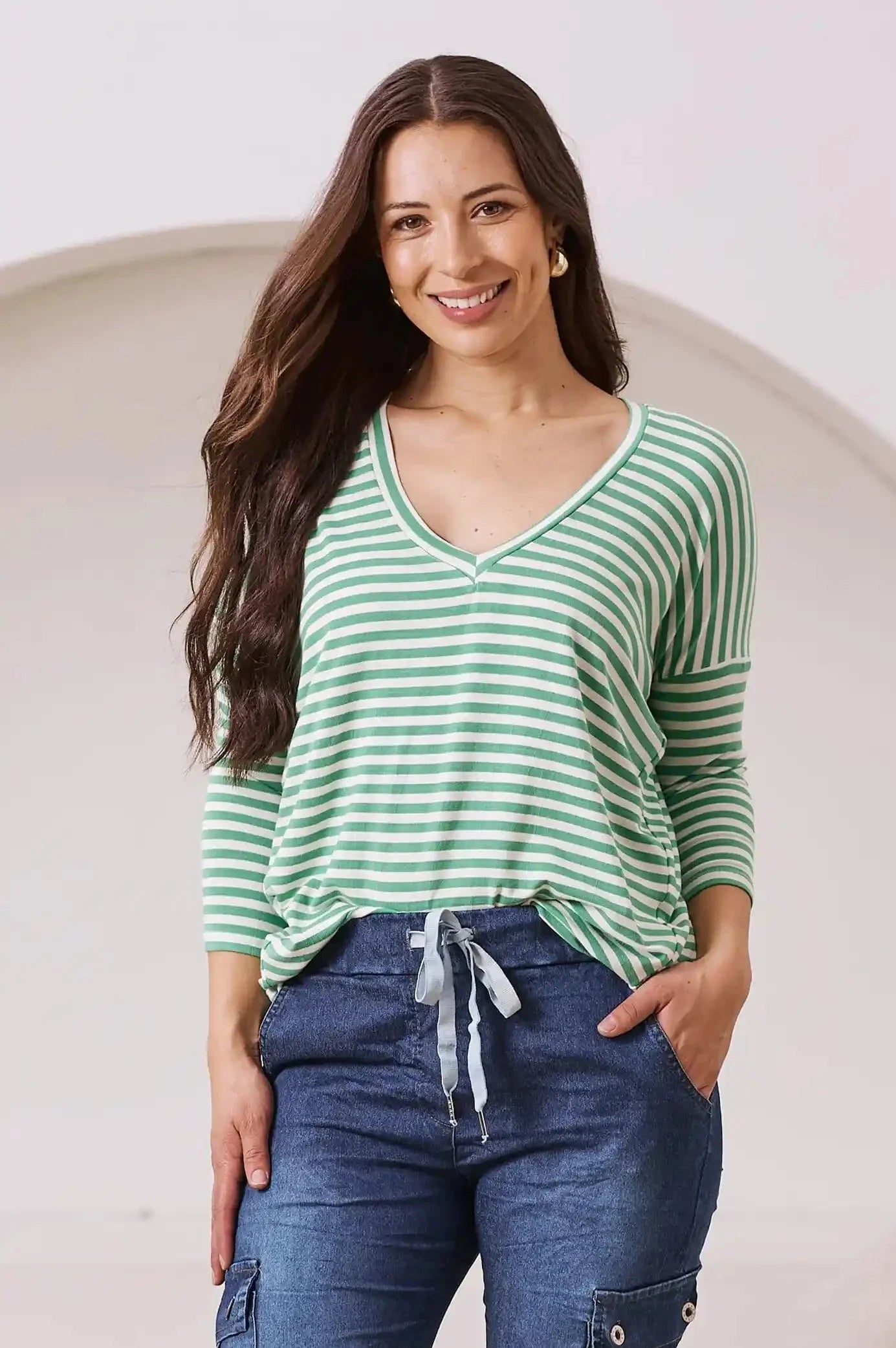 Erica Essential Long Sleeve Top Striped Emerald