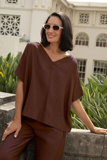 Gemma Short Sleeve V Neck Top Mocha