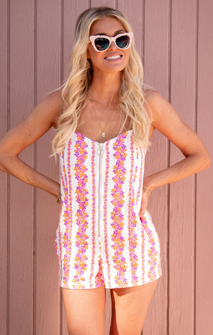 Mission Romper ~ Pink Daisy Stripes Denim