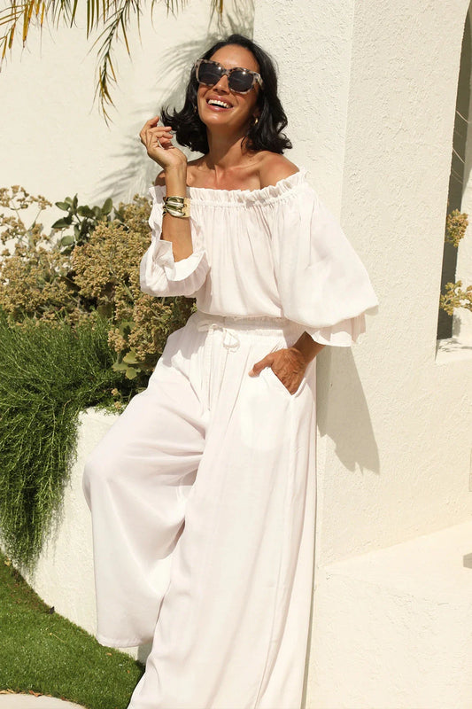 Vittoria Frill Trim Off Shoulder Long Sleeve Top Ivory