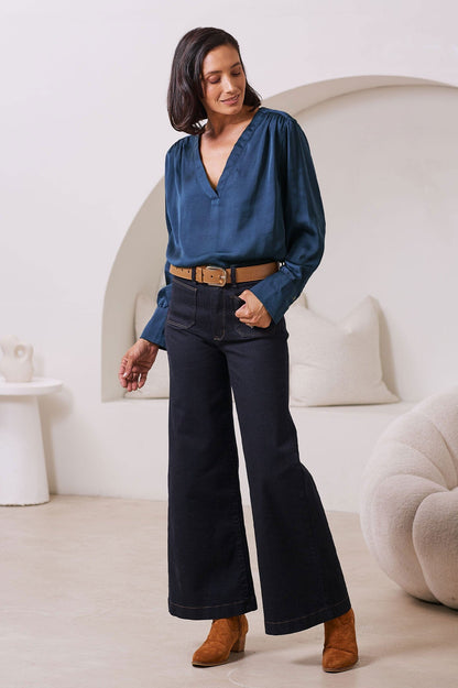 Daniella V-Neck Long Sleeve Top Navy