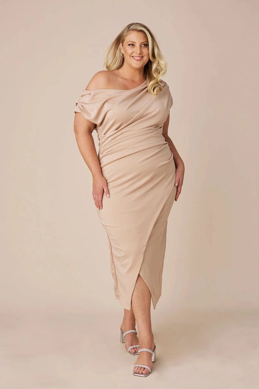 Roslyn Off Shoulder Midi Dress Champagne