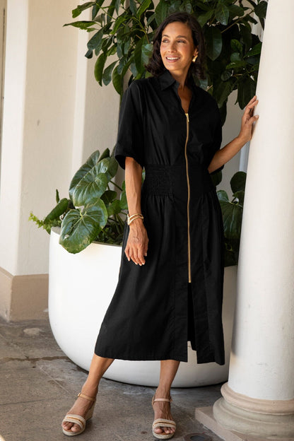 Laura Short Sleeve Smocked Waist Zip Front Midi Dress Black