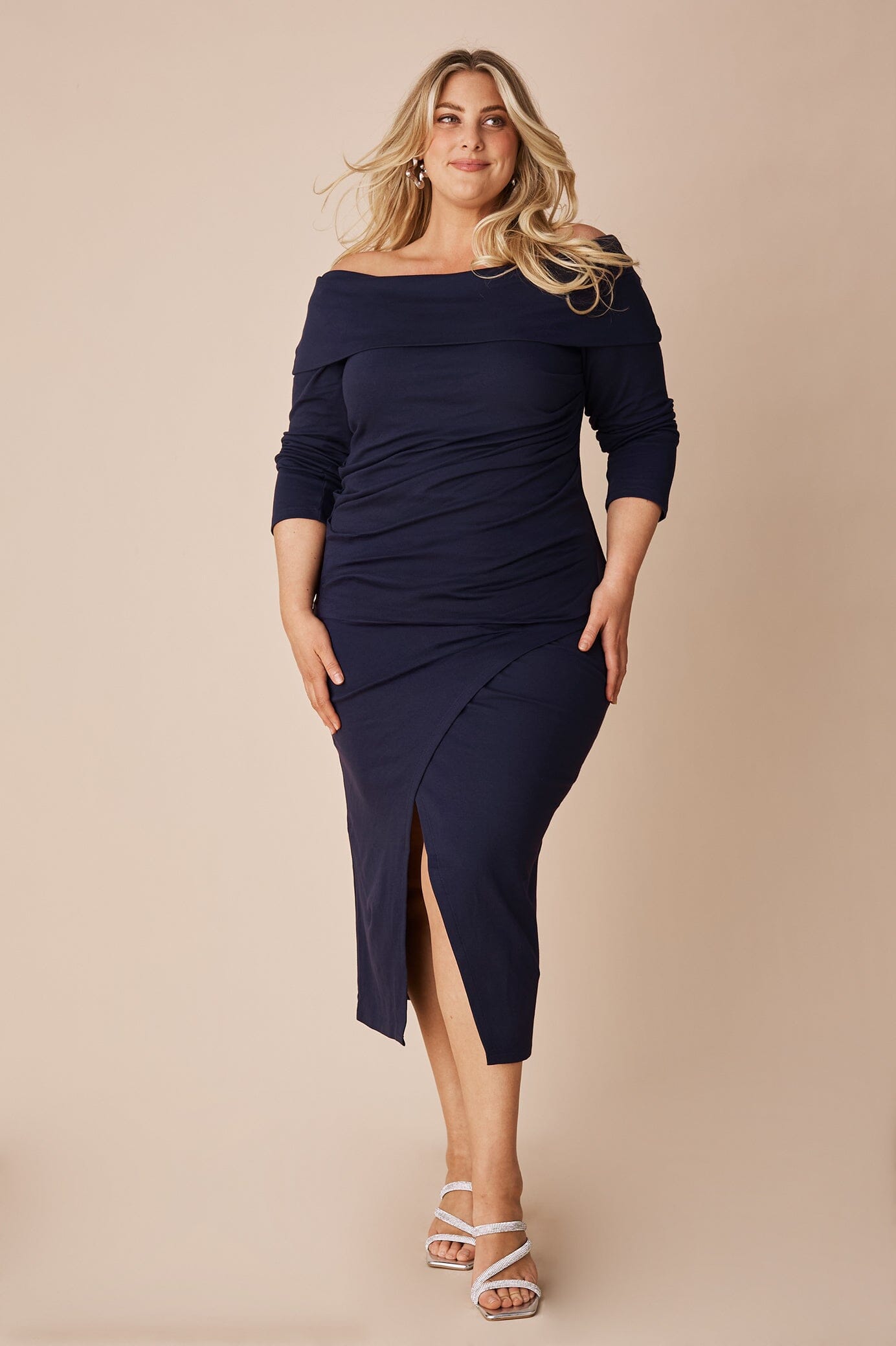 Megan Off Shoulder Midi Dress Navy