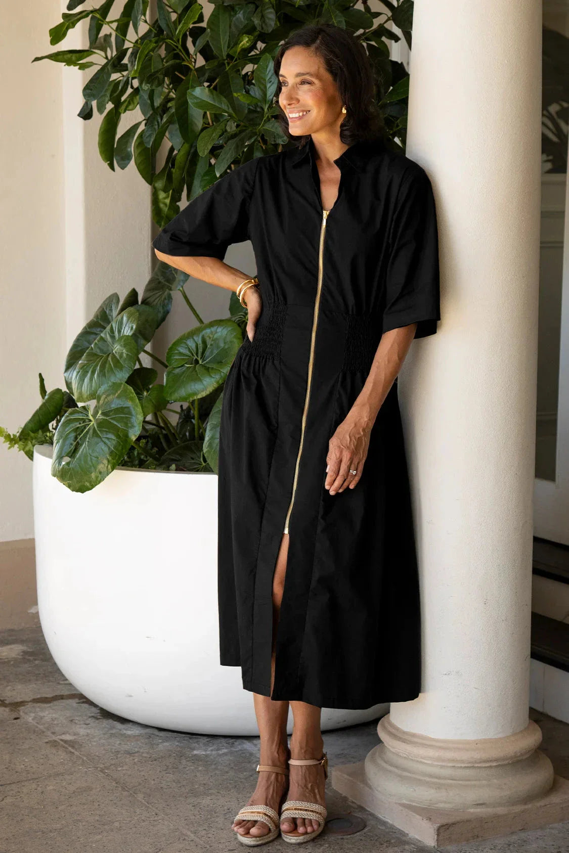 Laura Short Sleeve Smocked Waist Zip Front Midi Dress Black