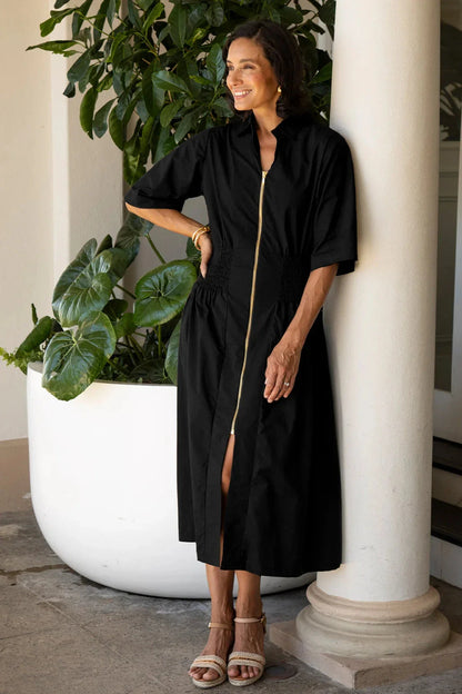 Laura Short Sleeve Smocked Waist Zip Front Midi Dress Black