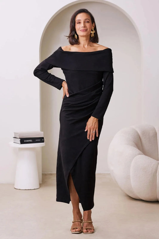 Megan Off Shoulder Midi Dress Black
