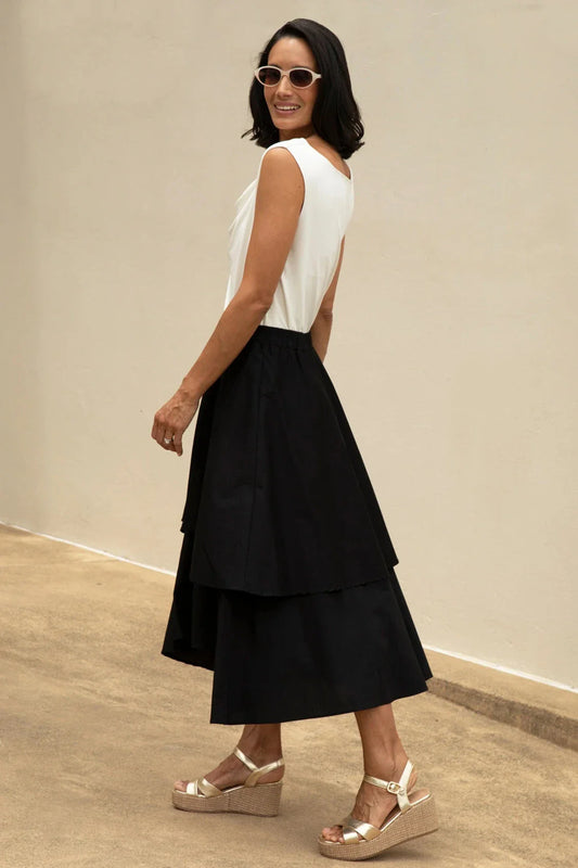 Vivian Flared Tiered Midi Skirt Black