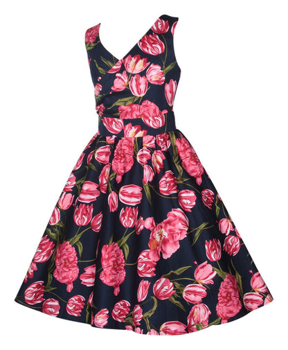 May V-neck 50s Style Floral Dress in Blue-Pink Tulip