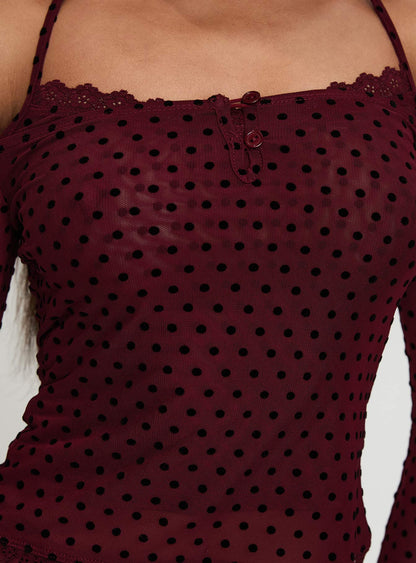 On My Side Off Shoulder Tie Neck Top Burgundy