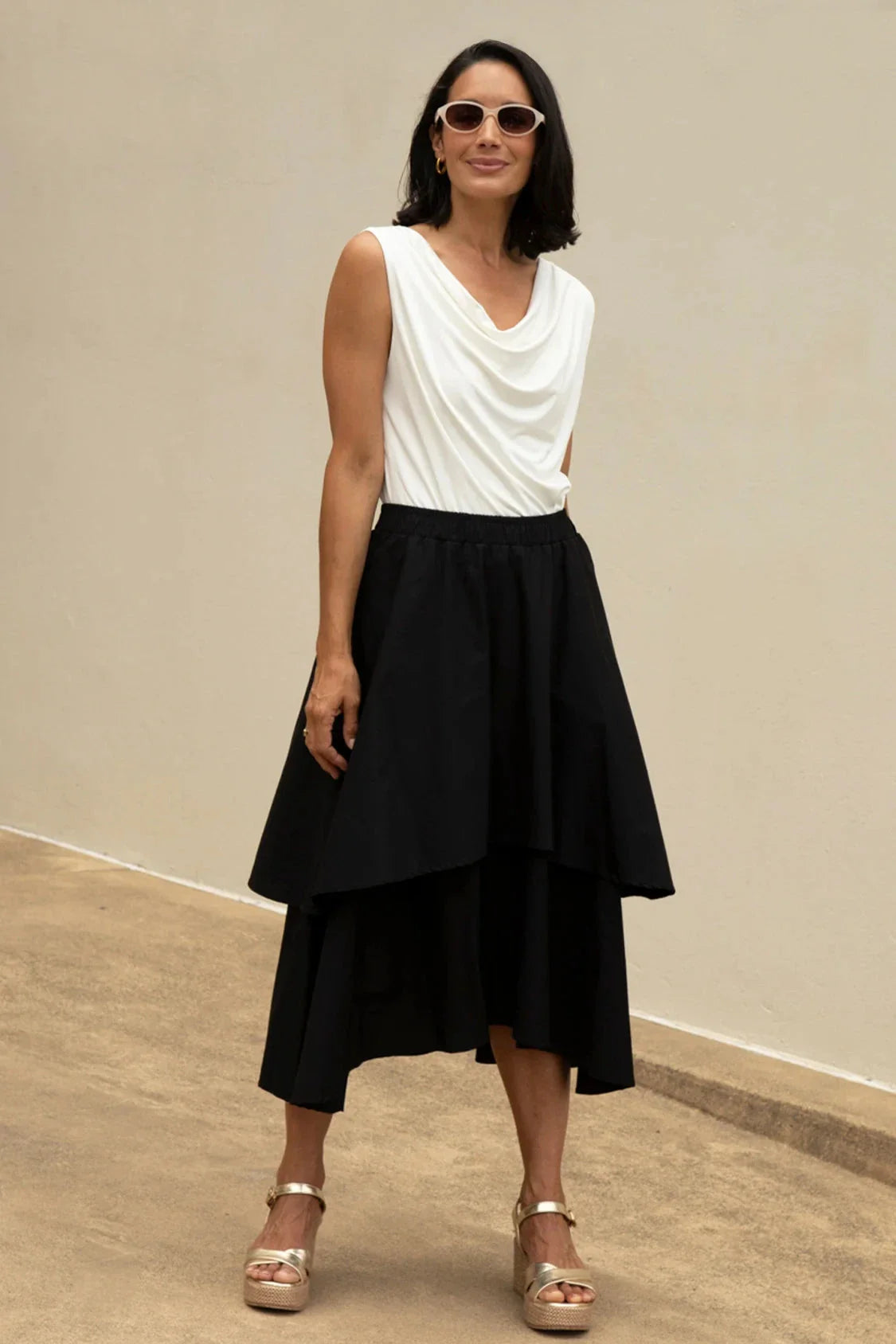 Vivian Flared Tiered Midi Skirt Black