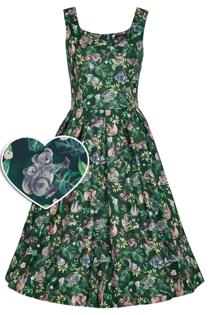 Amanda Koala & Sloth Green Flared Dress