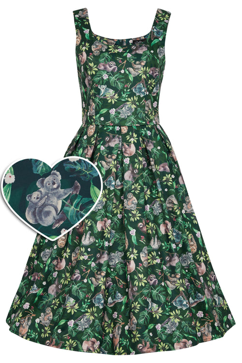 Amanda Koala & Sloth Green Flared Dress