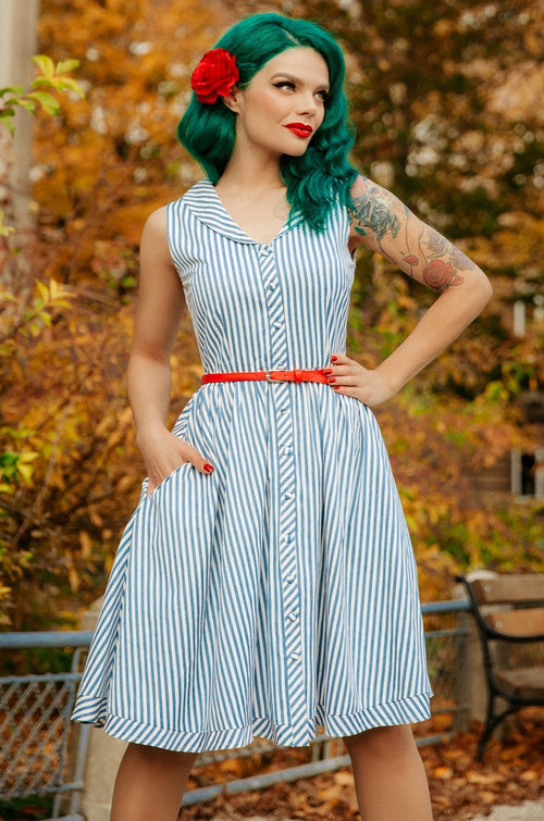 Maverick 50s Style Blue Pinstriped Shirt Dress