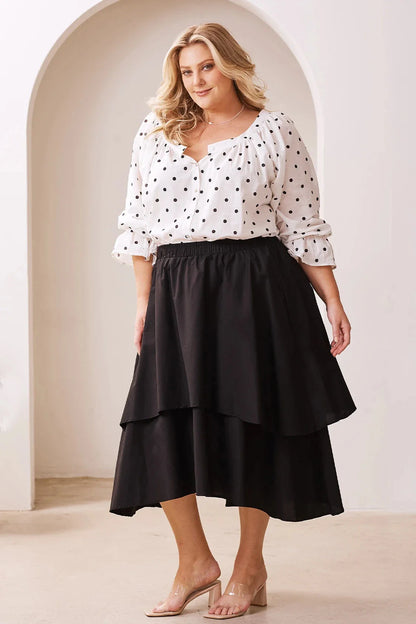 Vivian Flared Tiered Midi Skirt Black