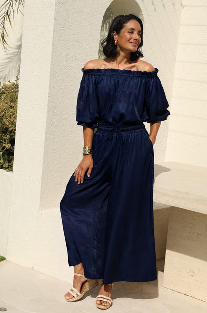 Vittoria Frill Trim Off Shoulder Long Sleeve Top Navy