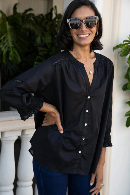 Whittney 3/4 Sleeve Smocked Cuffs V-Neck Top Black