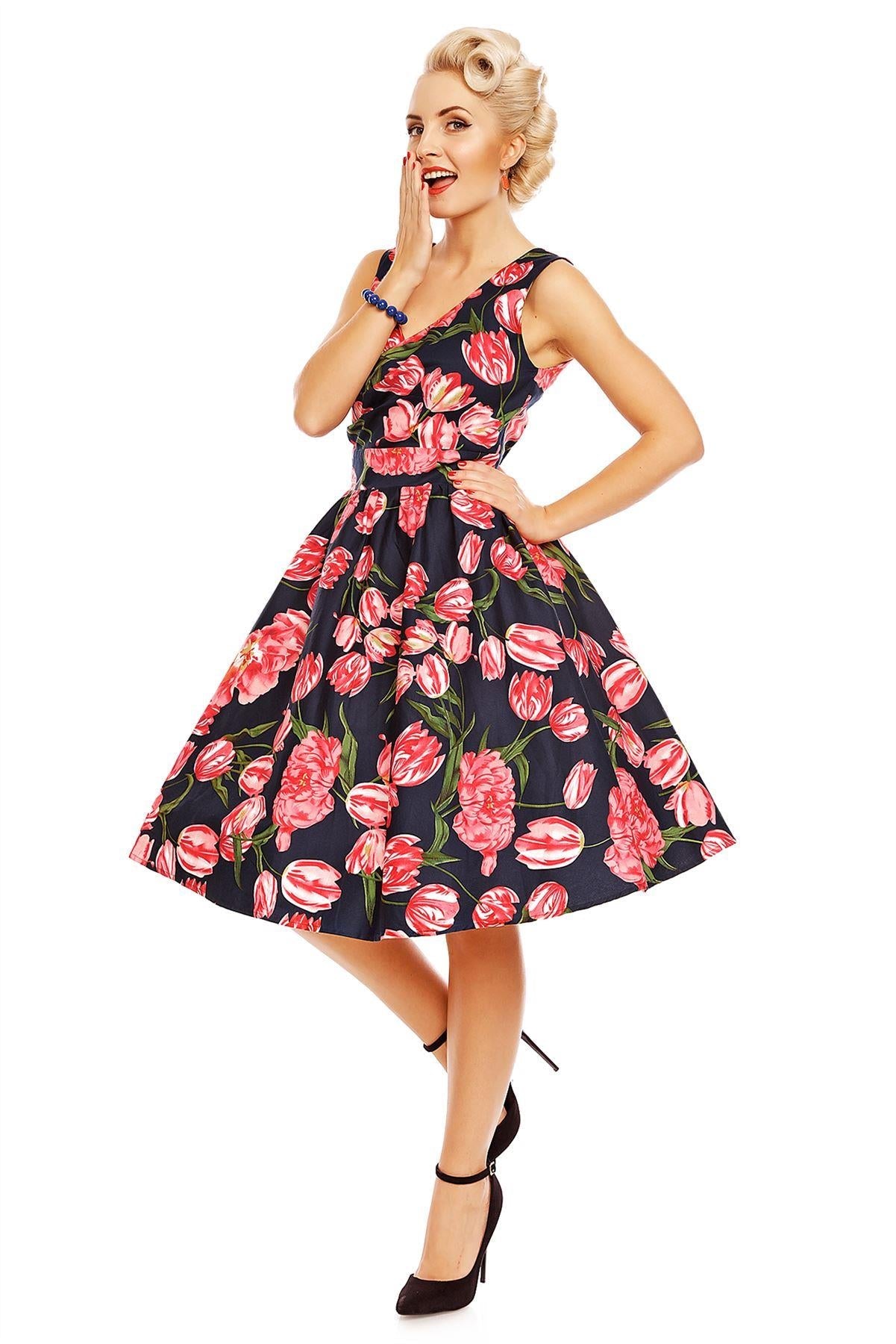 May V-neck 50s Style Floral Dress in Blue-Pink Tulip
