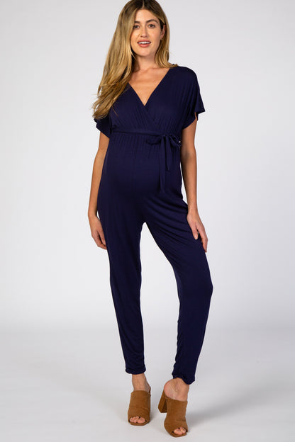 Navy Wrap Tie Maternity Jumpsuit