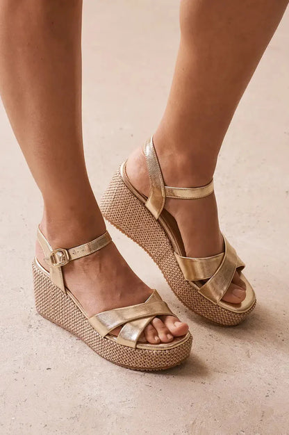 Chiara Cross Strap Wedges Metallic Gold