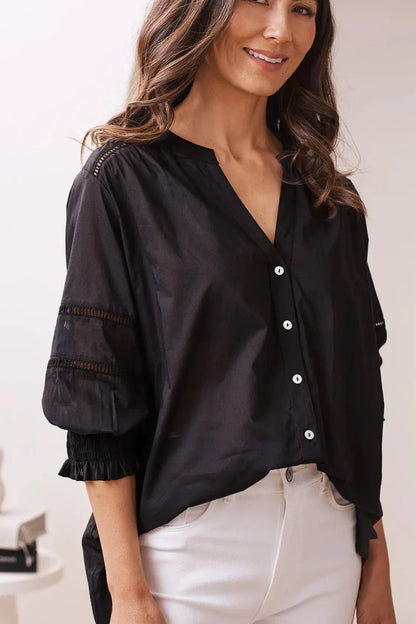 Whittney 3/4 Sleeve Smocked Cuffs V-Neck Top Black