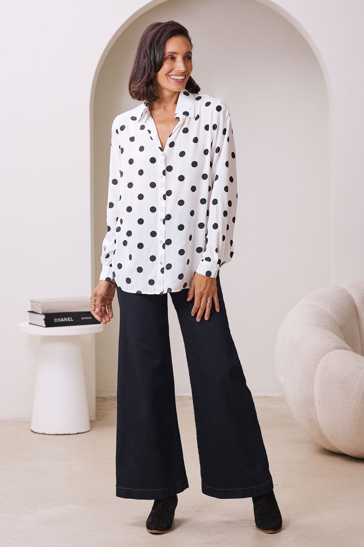 Audrey Collared Shirt White with Black Polka Dots