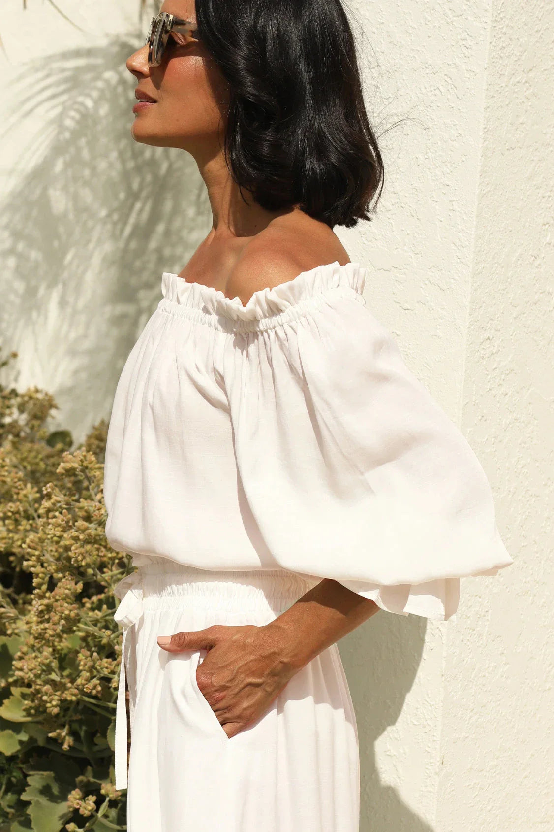 Vittoria Frill Trim Off Shoulder Long Sleeve Top Ivory