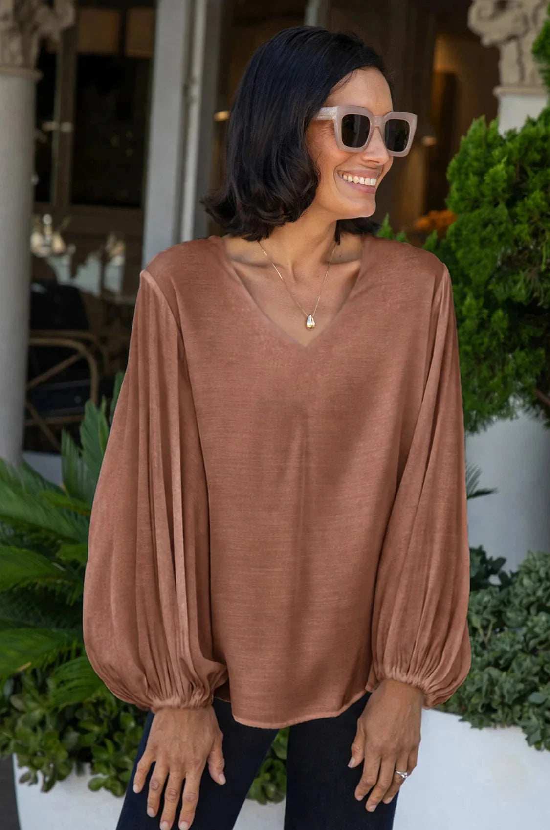 Sophia V-Neck Long Sleeve Top Caramel