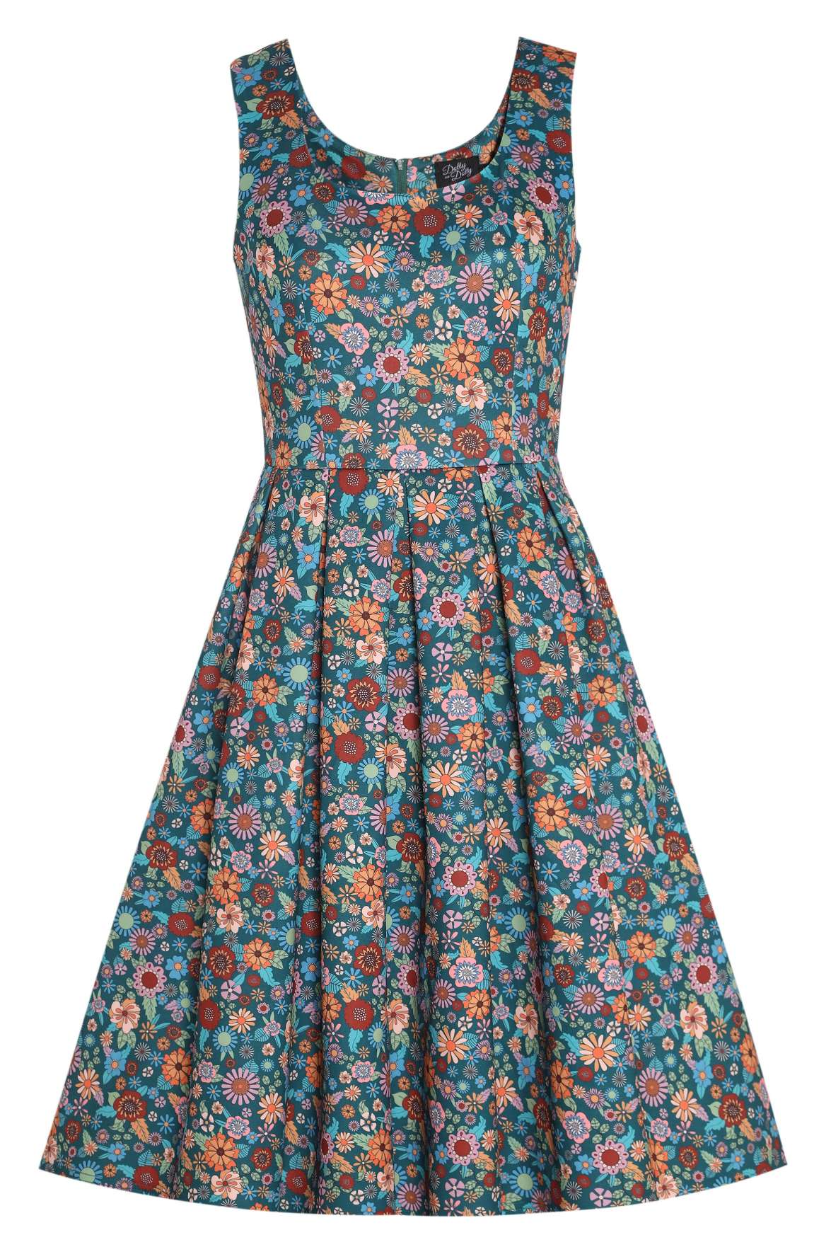 Amanda 70s Floral Swing Dress In Peacock Blue