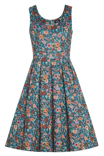 Amanda 70s Floral Swing Dress In Peacock Blue