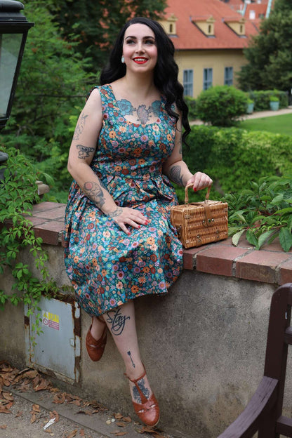 Amanda 70s Floral Swing Dress In Peacock Blue