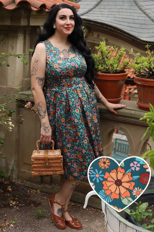 Amanda 70s Floral Swing Dress In Peacock Blue