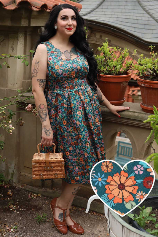 Amanda 70s Floral Swing Dress In Peacock Blue