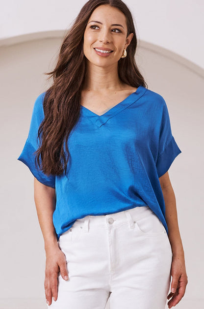 Bianca Short Sleeve Top Cobalt with V Neck