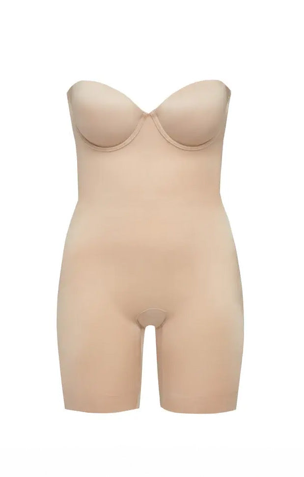 SPANX Suit Your Fancy Strapless Cupped Mid-Thigh Bodysuit ~ Champagne Beige