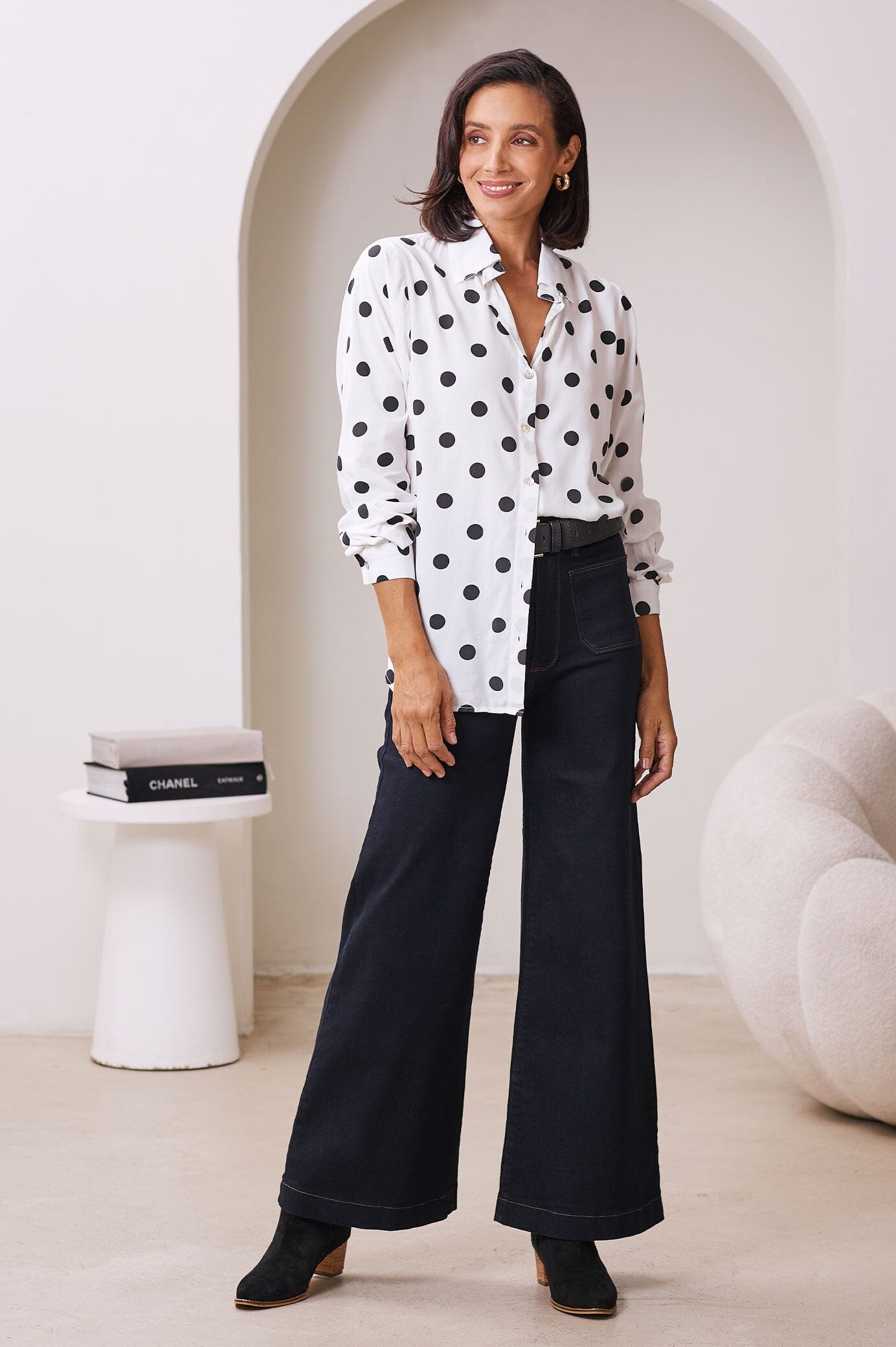 Audrey Collared Shirt White with Black Polka Dots