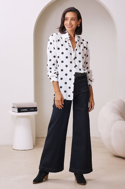Audrey Collared Shirt White with Black Polka Dots