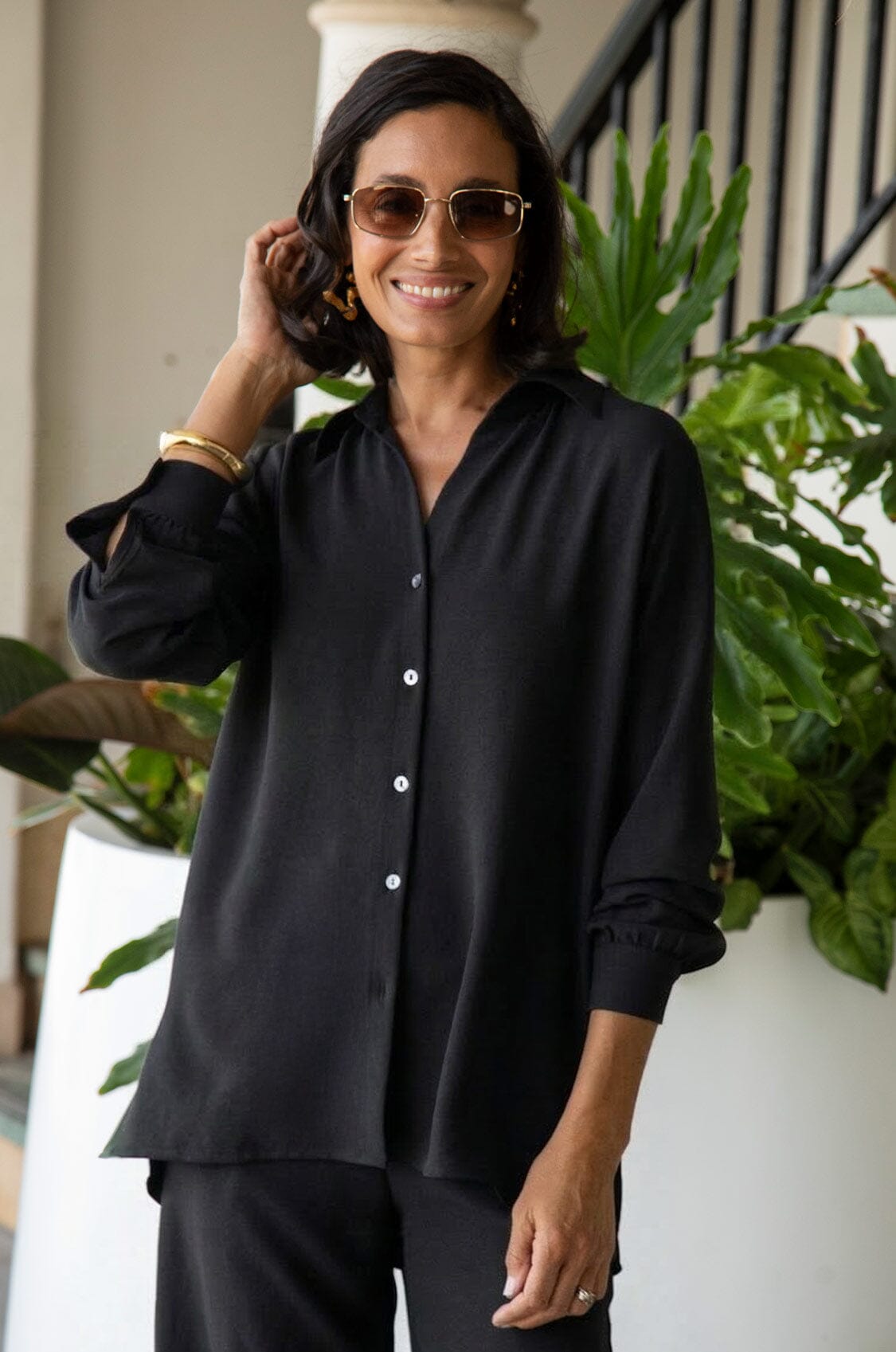 Paola Long Sleeve Collared Top Black - Pre Order
