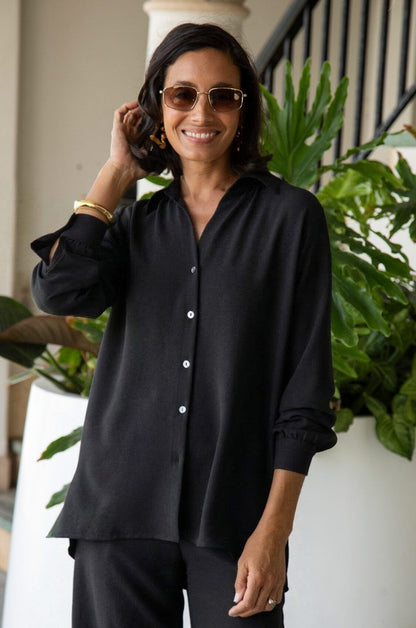 Paola Long Sleeve Collared Top Black - Pre Order