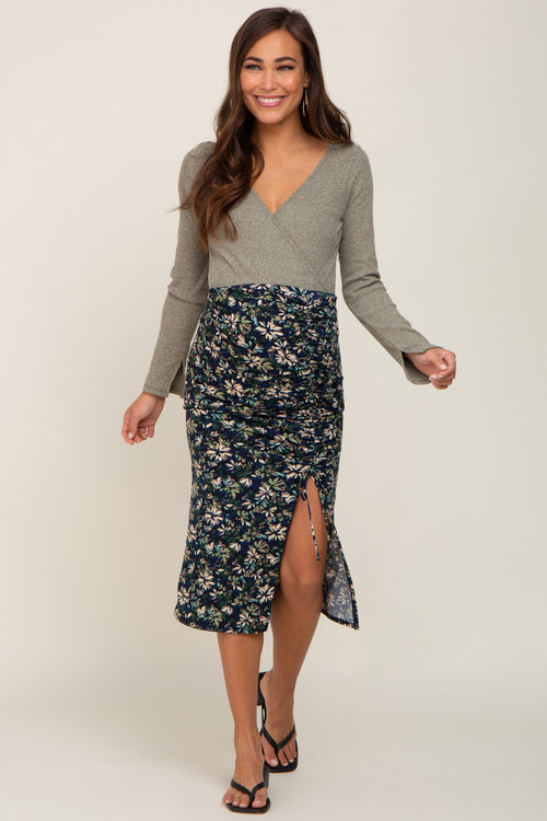 Navy Floral Ruched Slit Maternity Midi Skirt