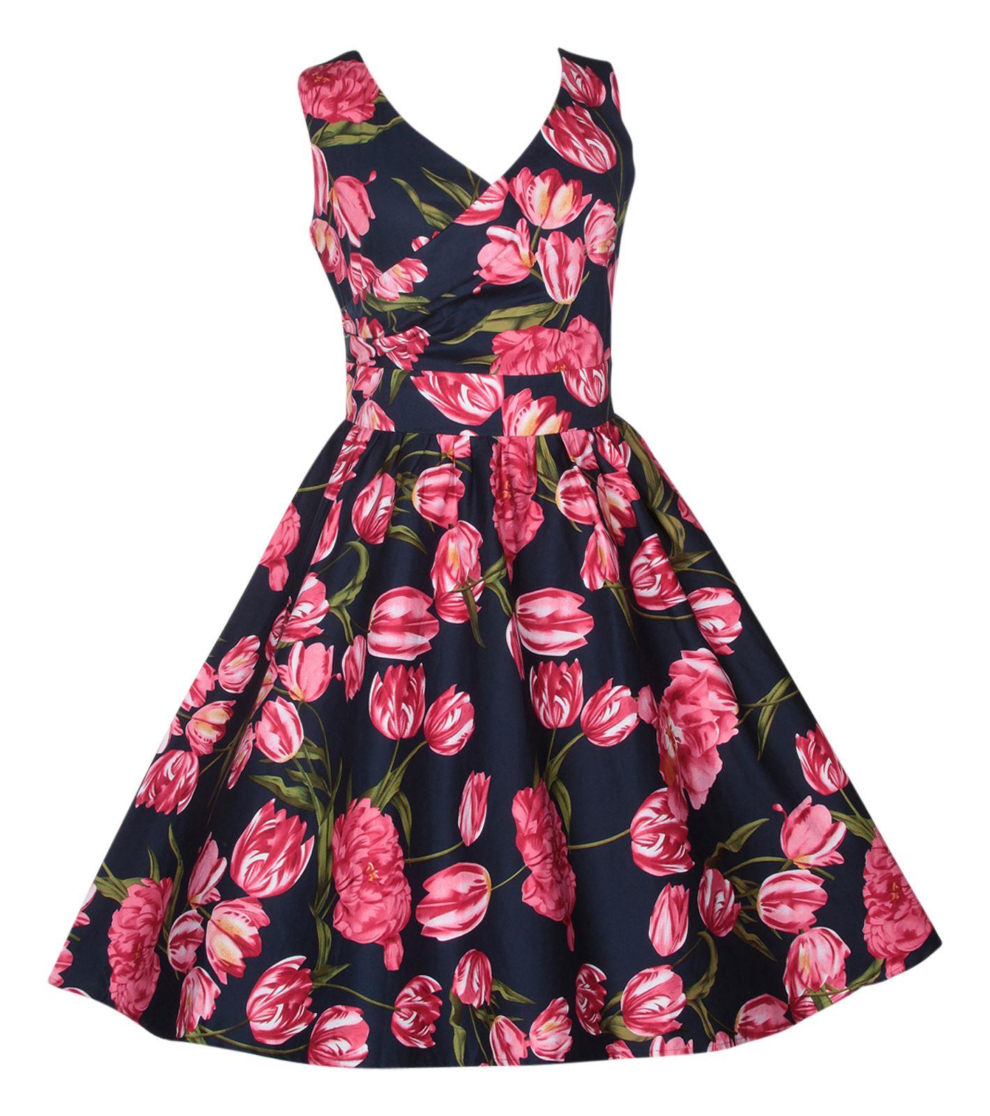 May V-neck 50s Style Floral Dress in Blue-Pink Tulip