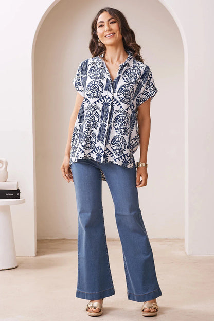 Antonella Collared Short Sleeve Top Navy