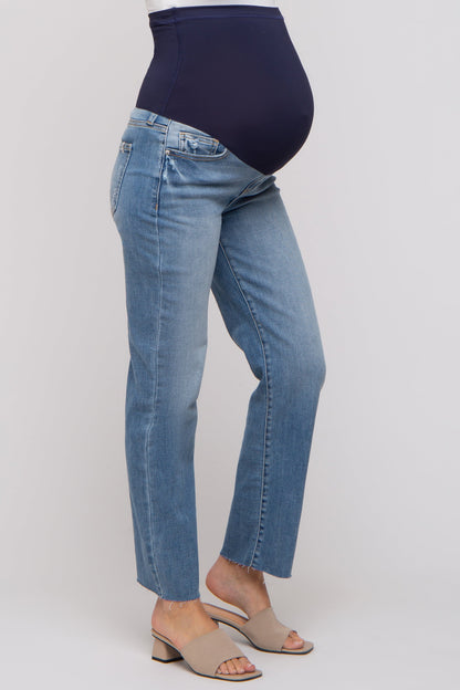 Light Blue Raw Hem Straight Maternity Jeans
