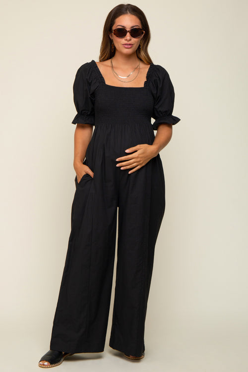 Black Smocked Square Neck Wide Leg Maternity Jumpsuit