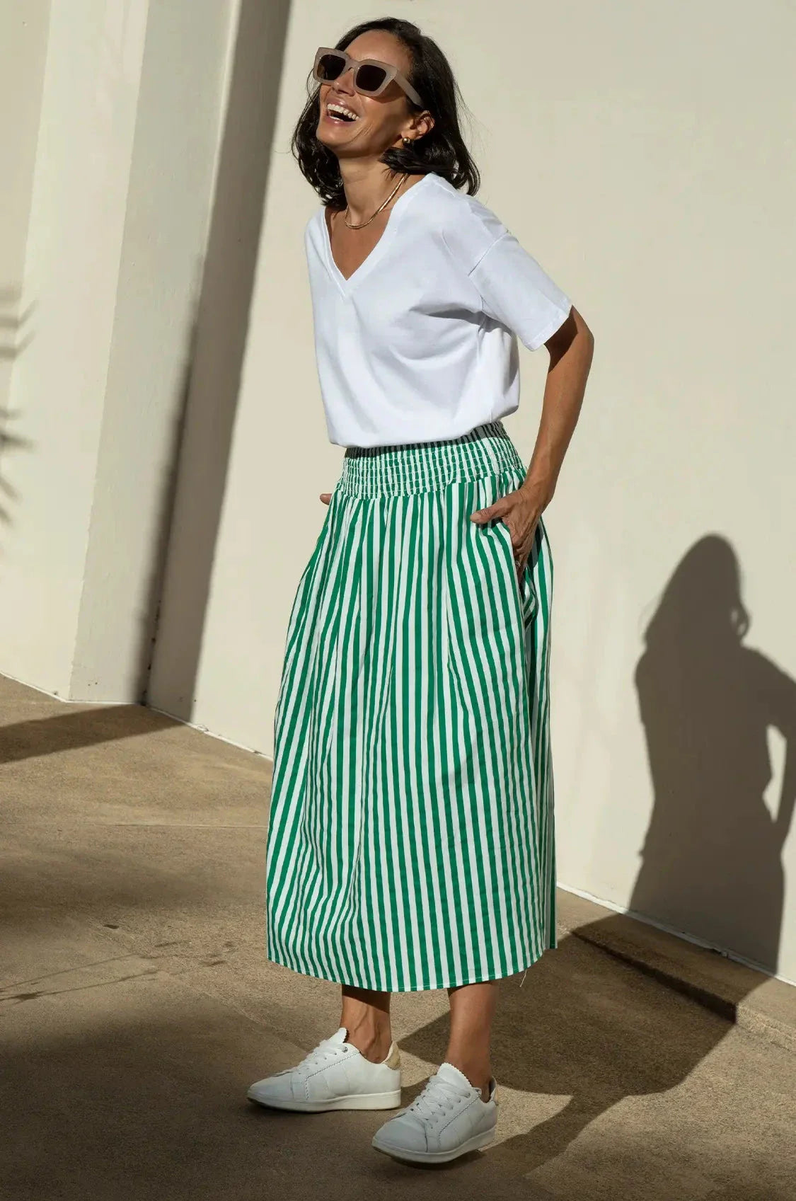Brooke Midi A-Line Skirt Striped Emerald & White