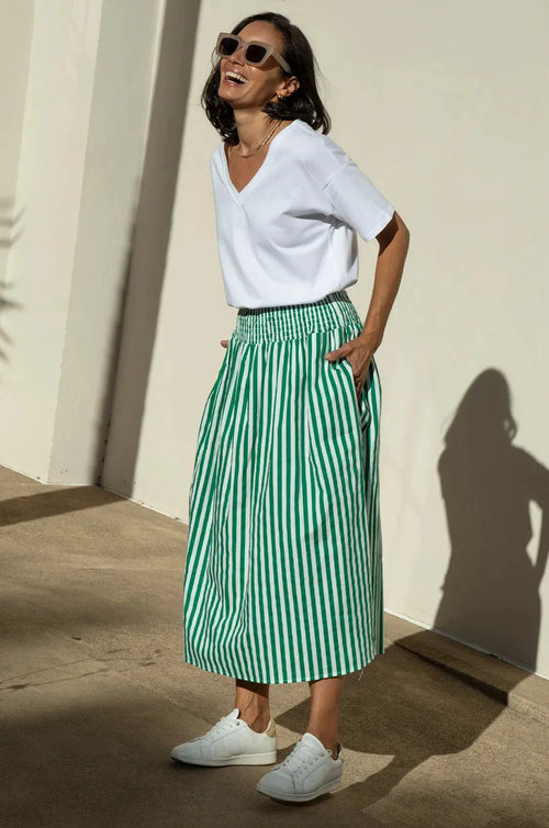 Brooke Midi A-Line Skirt Striped Emerald & White