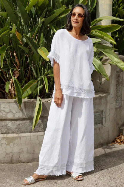 Antonia Wide Leg Linen Sequinned Pants in White