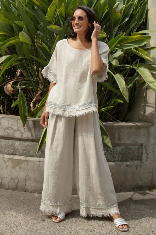 Antonia Wide Leg Linen Sequinned Pants in Oatmeal