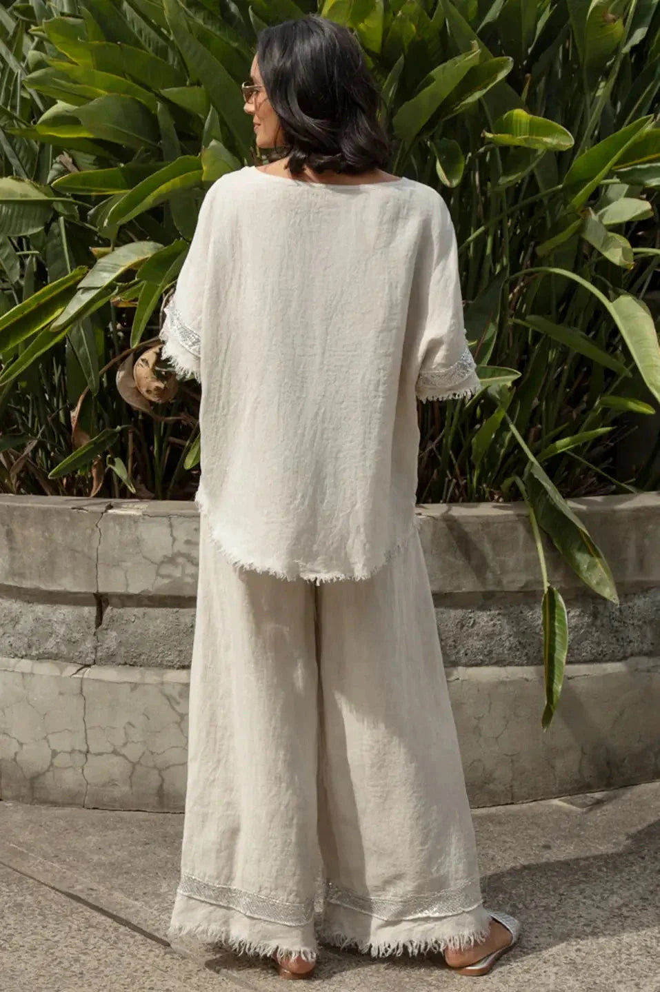 Antonia Wide Leg Linen Sequinned Pants in Oatmeal