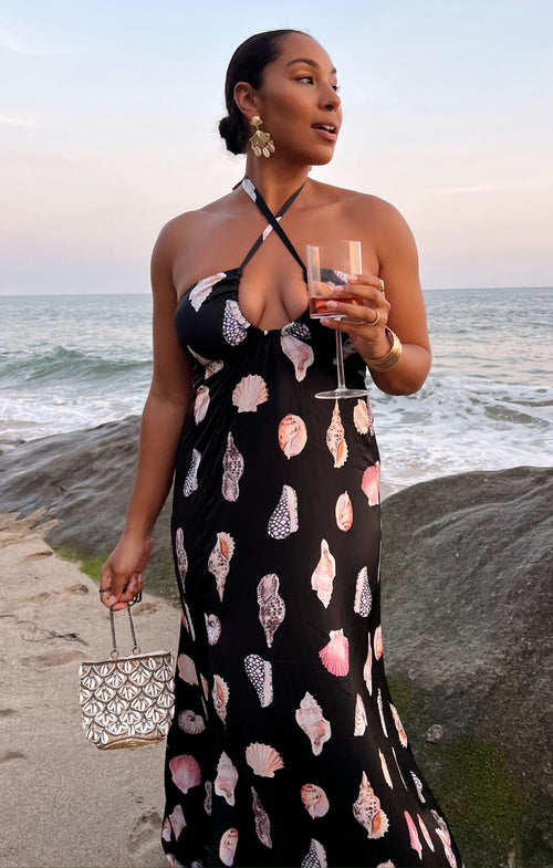 Milos Maxi Dress ~ Black Shell Luxe Satin